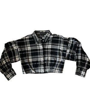 Zara Plaid Crop Button-Up Shirt – Black & White Long Sleeve Collared Top NWOT